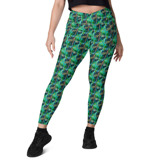 Green Dragonfly Crossover leggings with pockets