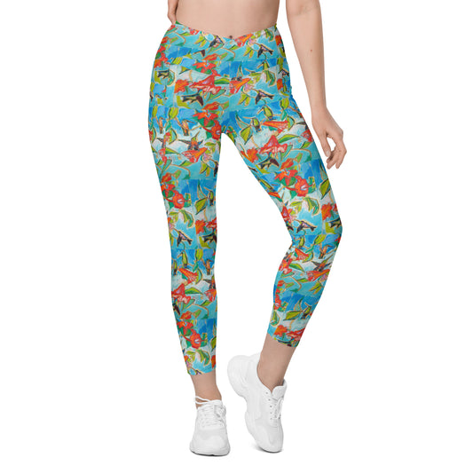 Hummingbirds with Hibiscus II Crossover leggings with pockets