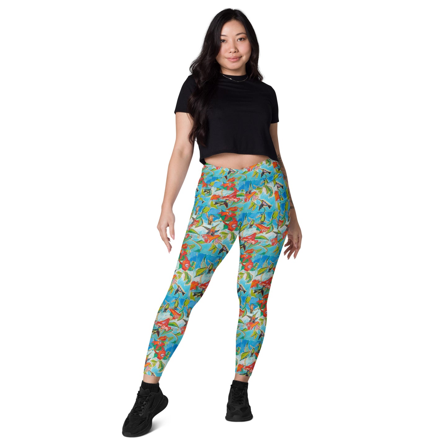 Hummingbirds with Hibiscus II Crossover leggings with pockets