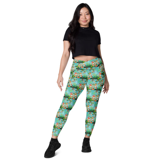 Teal Hummingbirds with Hibiscus Crossover leggings with pockets