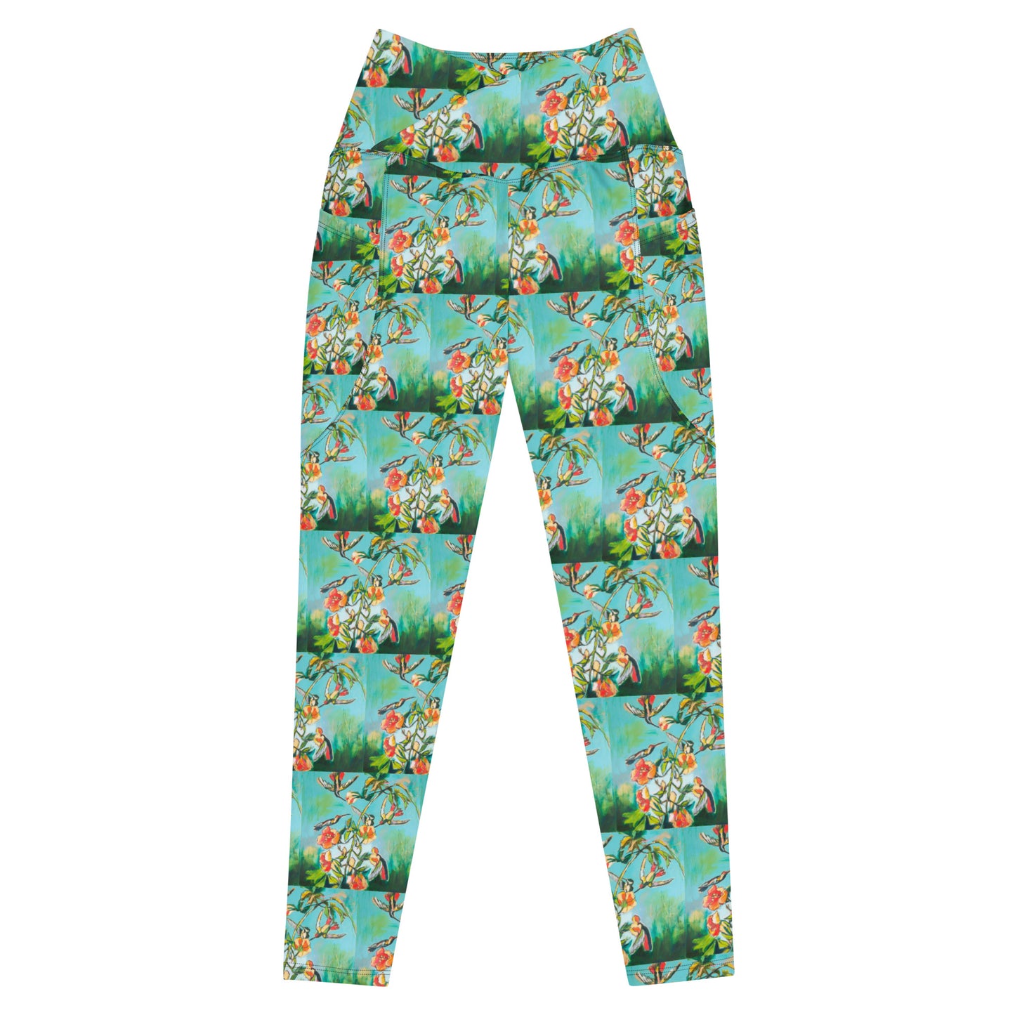 Teal Hummingbirds with Hibiscus Crossover leggings with pockets