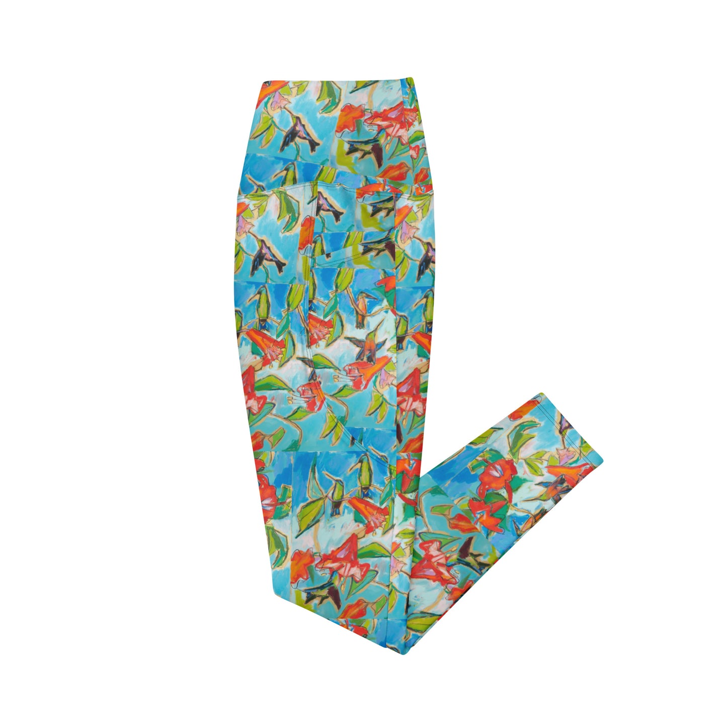 Hummingbirds with Hibiscus II Crossover leggings with pockets