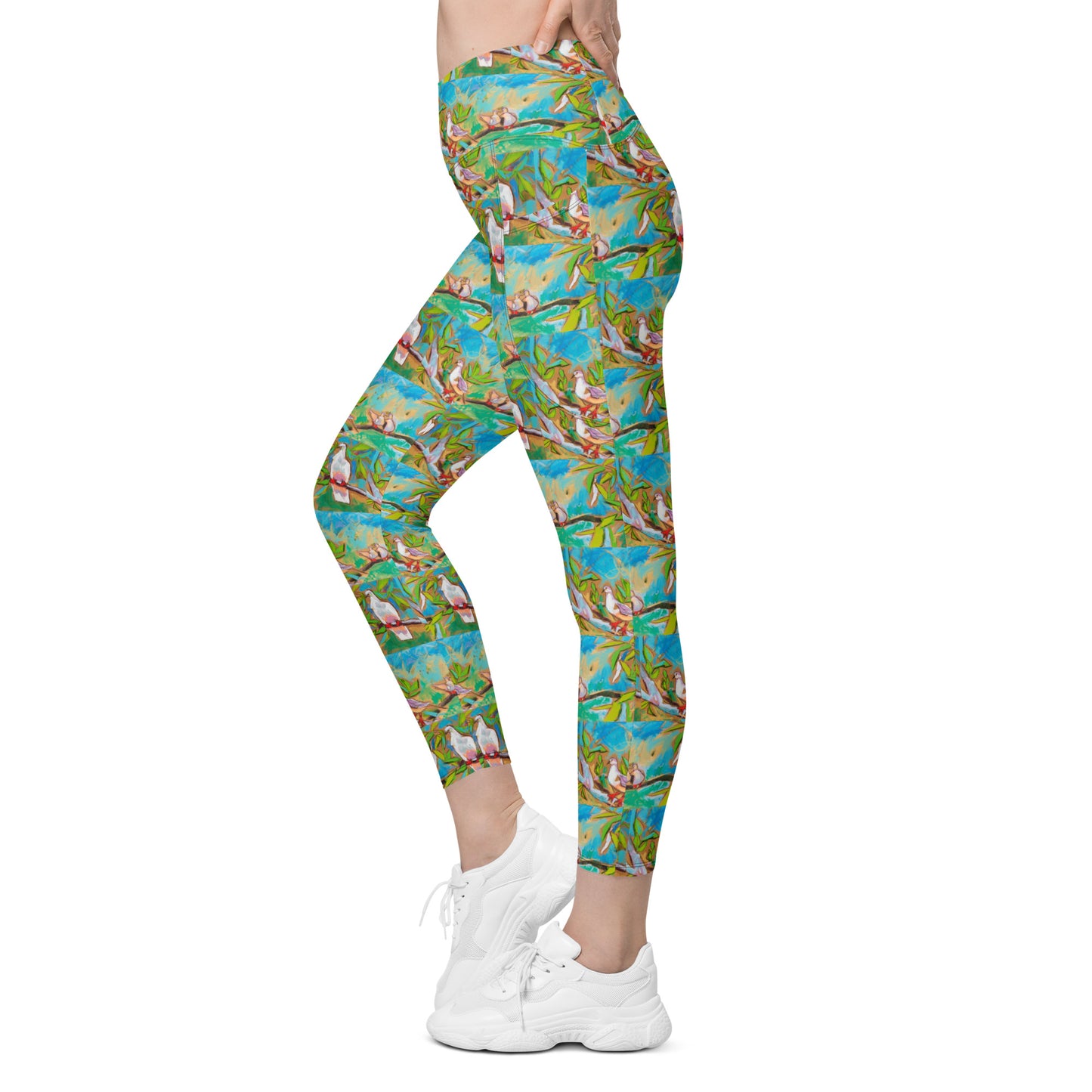 Doves in Oasis of Love and Peace Crossover leggings with pockets