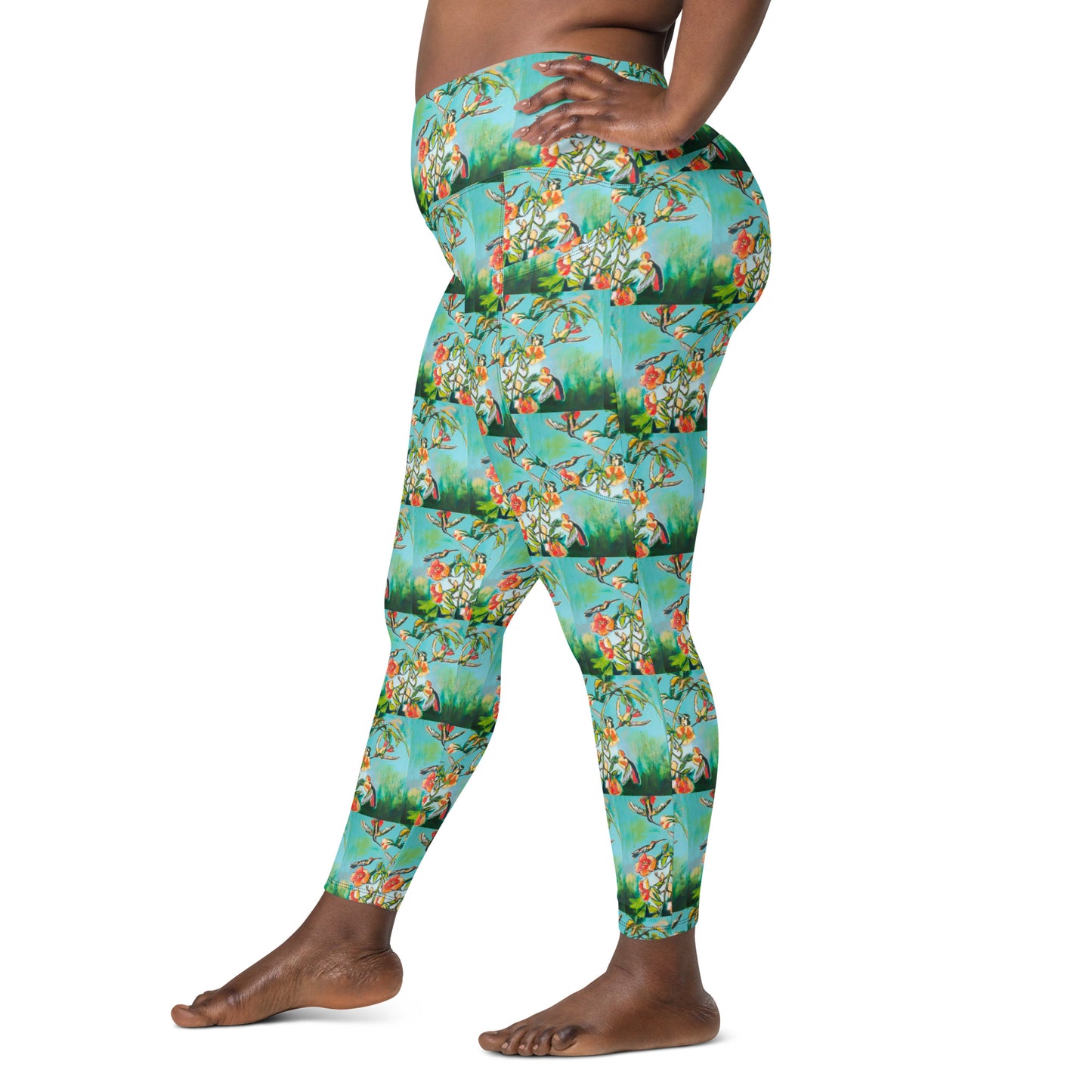 Teal Hummingbirds with Hibiscus Crossover leggings with pockets