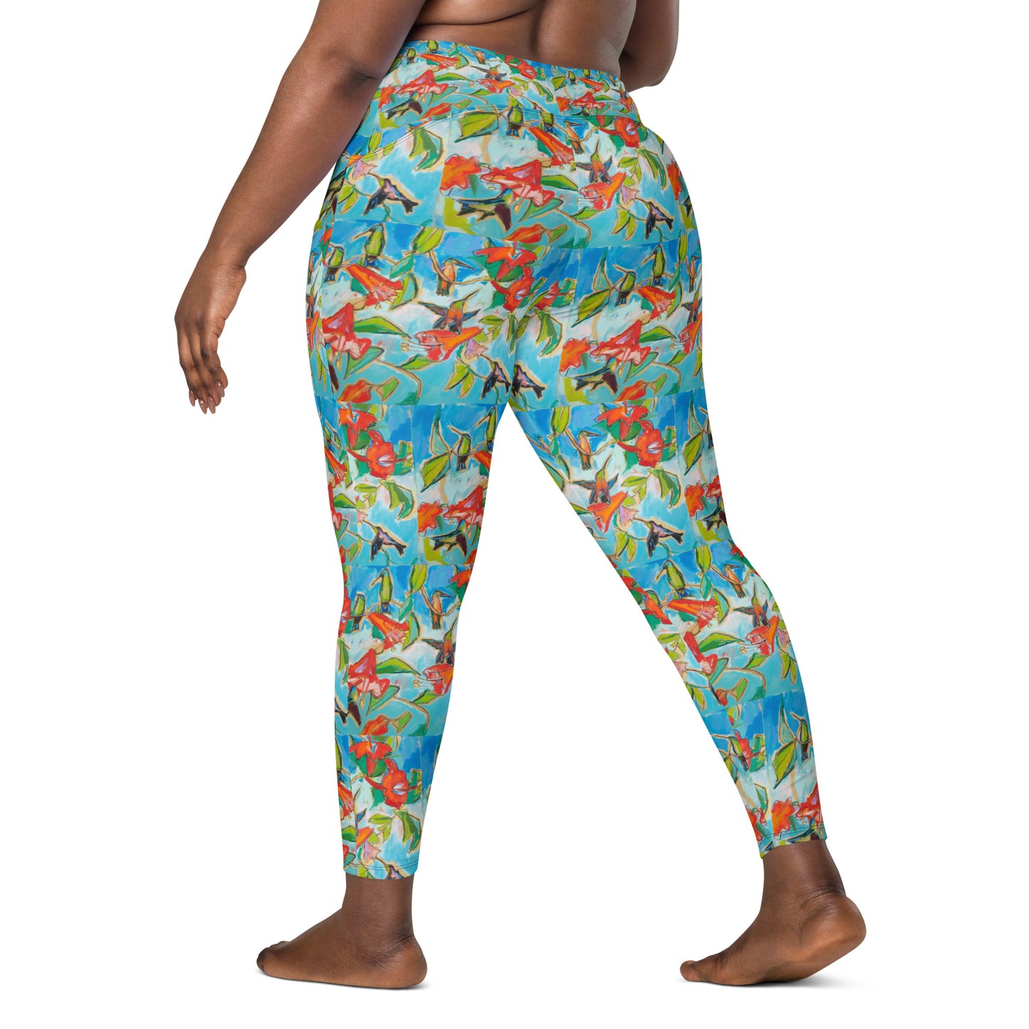 Hummingbirds with Hibiscus II Crossover leggings with pockets