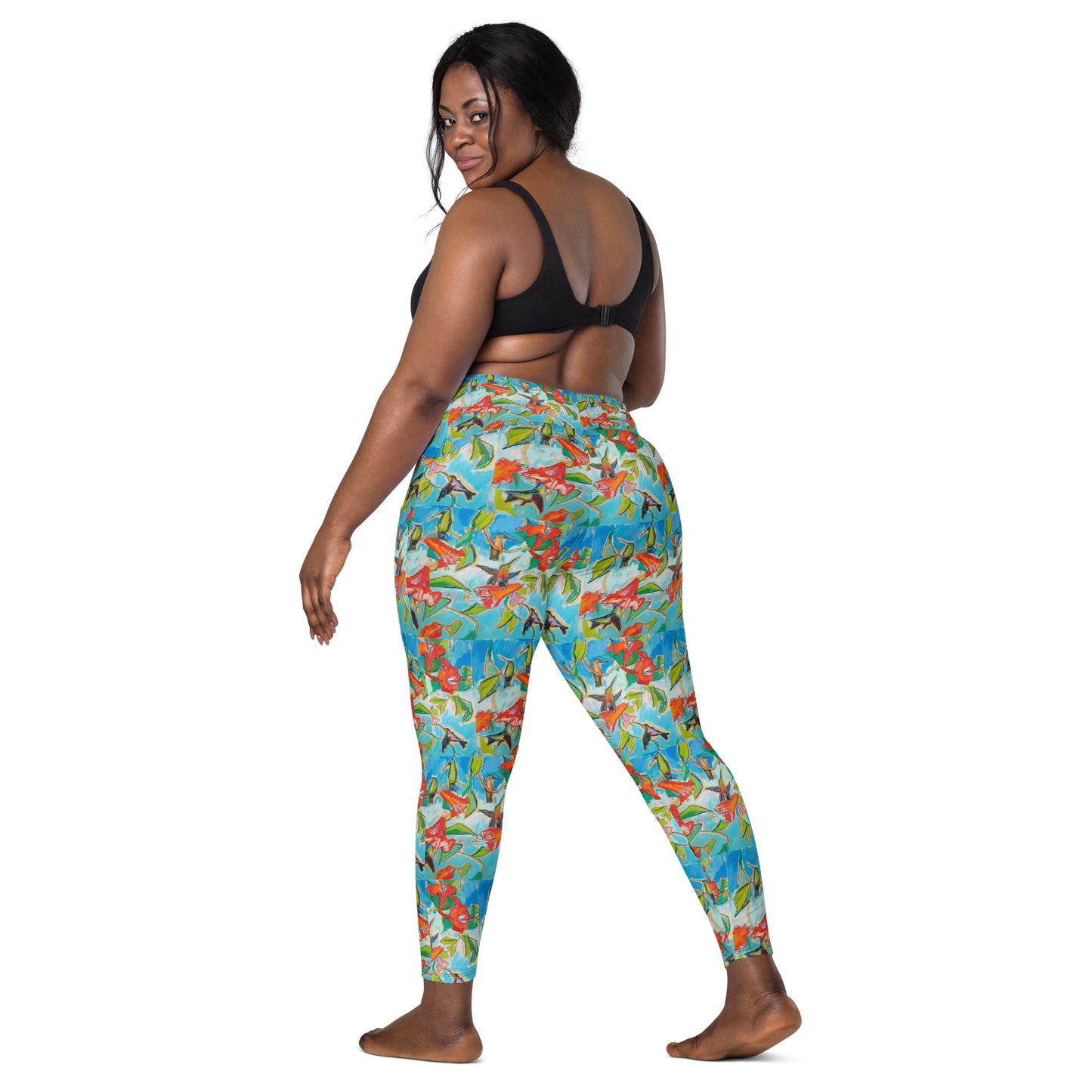 Hummingbirds with Hibiscus II Crossover leggings with pockets