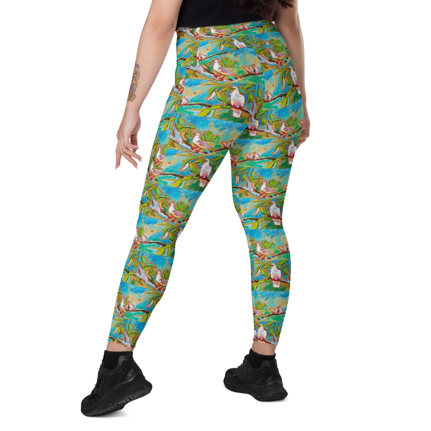 Doves in Oasis of Love and Peace Crossover leggings with pockets