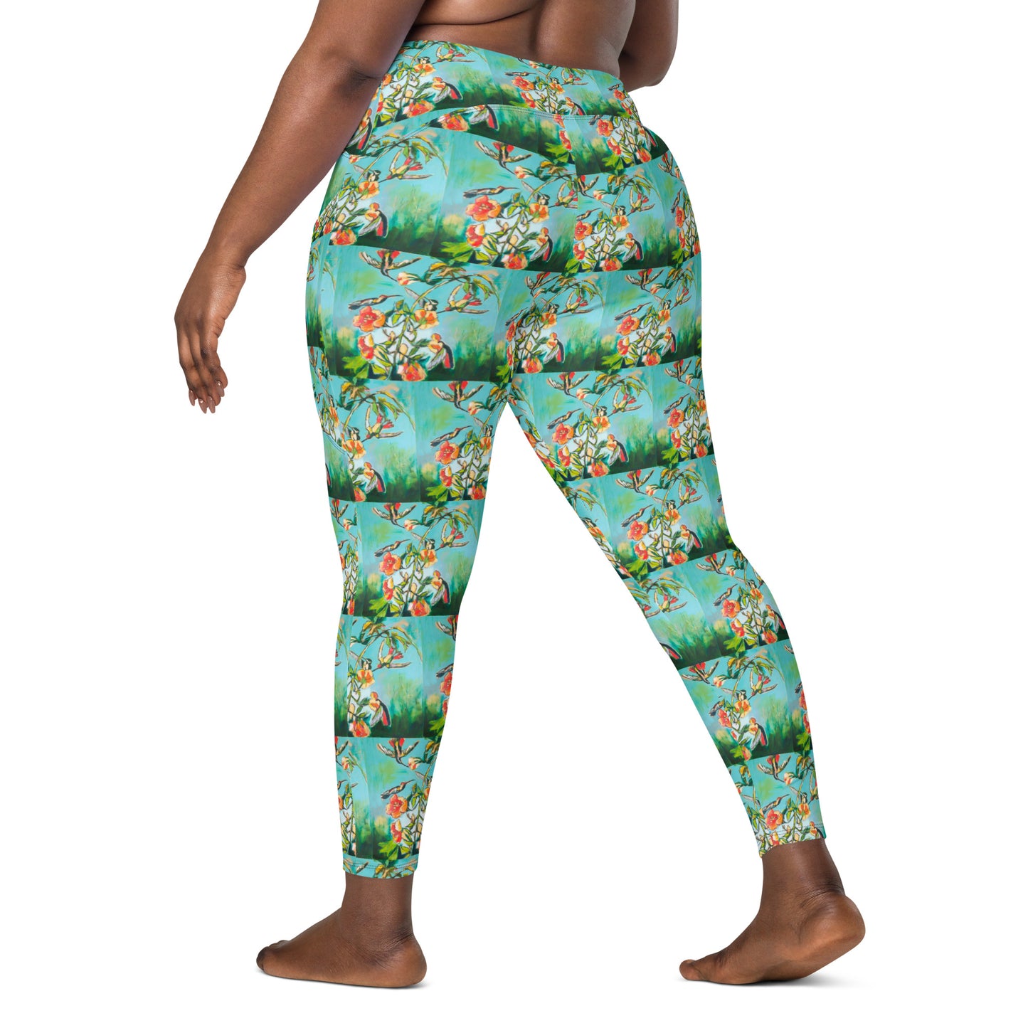 Teal Hummingbirds with Hibiscus Crossover leggings with pockets