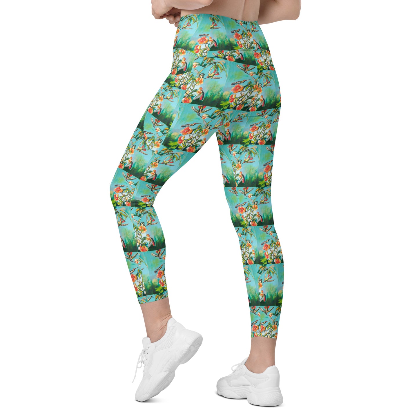 Teal Hummingbirds with Hibiscus Crossover leggings with pockets