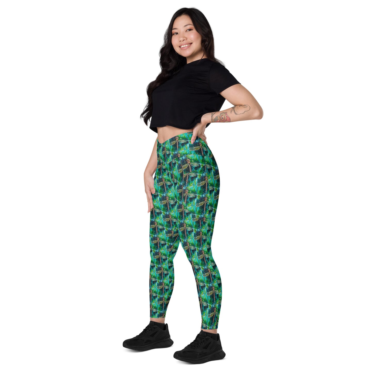 Green Dragonfly Crossover leggings with pockets