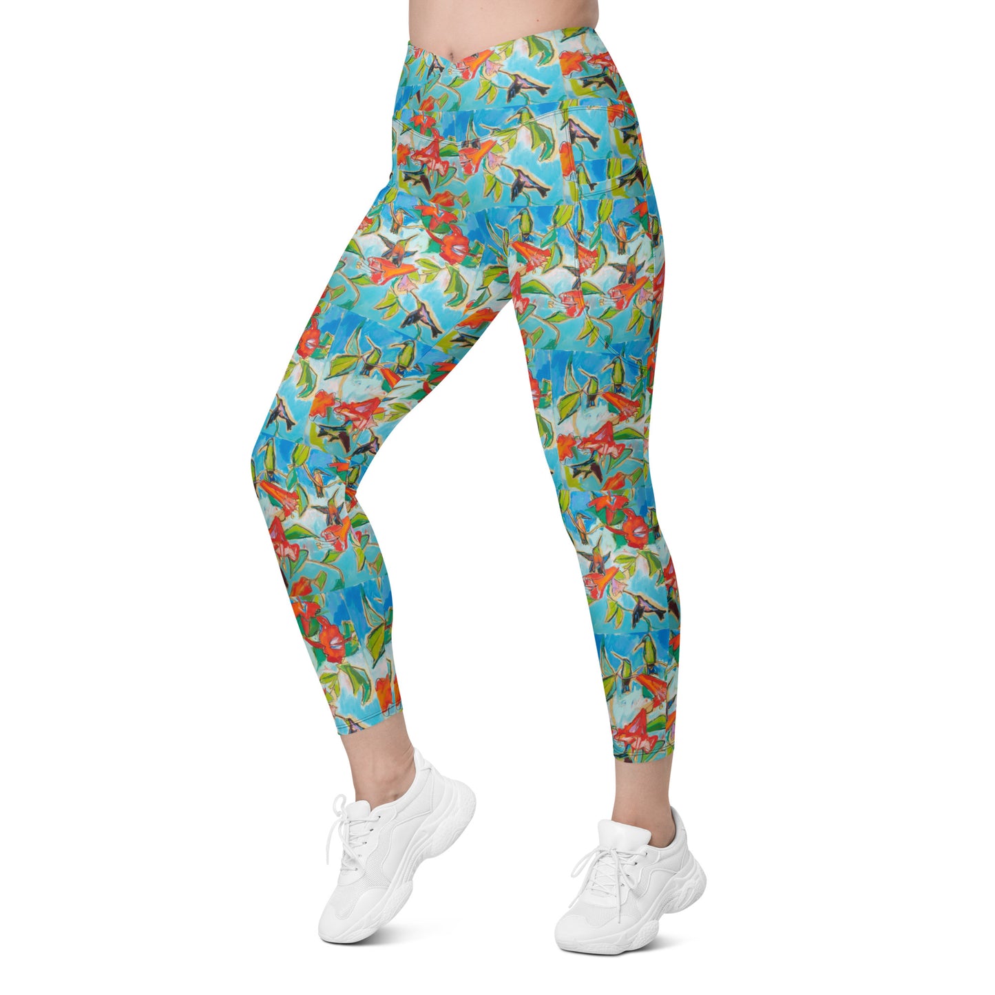 Hummingbirds with Hibiscus II Crossover leggings with pockets