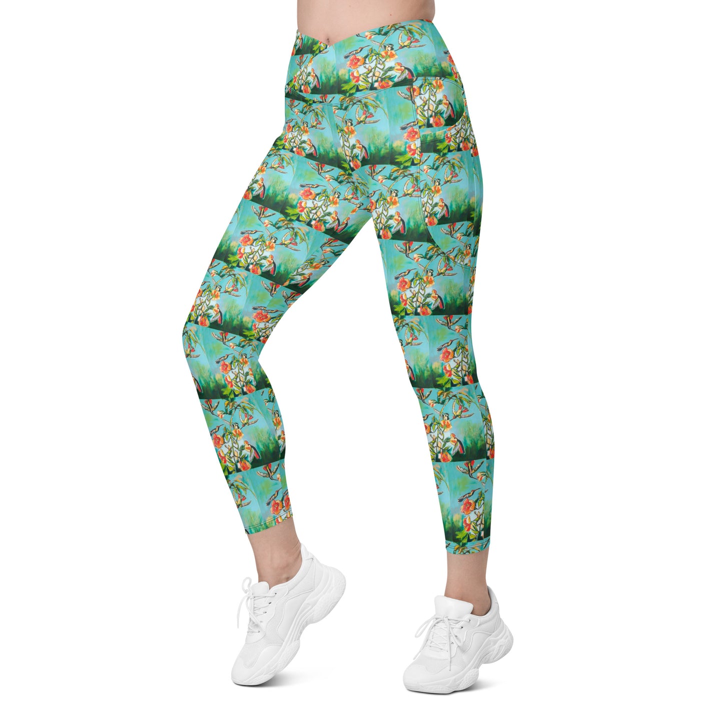 Teal Hummingbirds with Hibiscus Crossover leggings with pockets