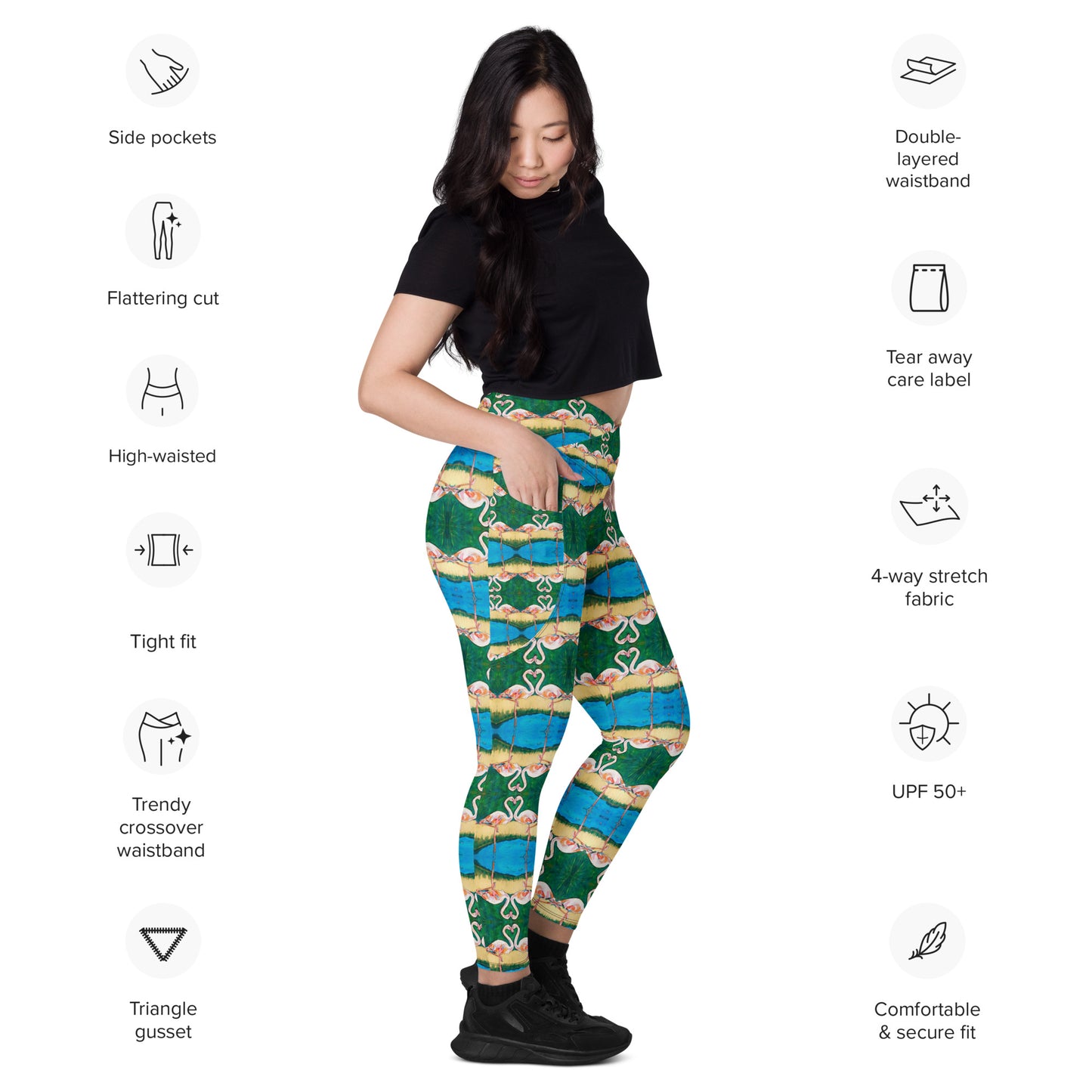 Flamingo Oasis Reflection Crossover leggings with pockets