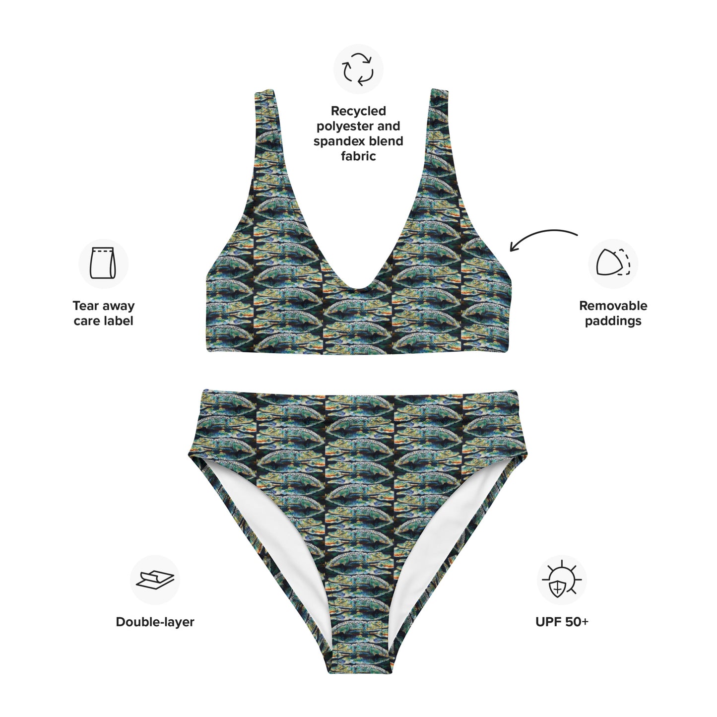 Psychedelic Gator Reflection Recycled high-waisted bikini