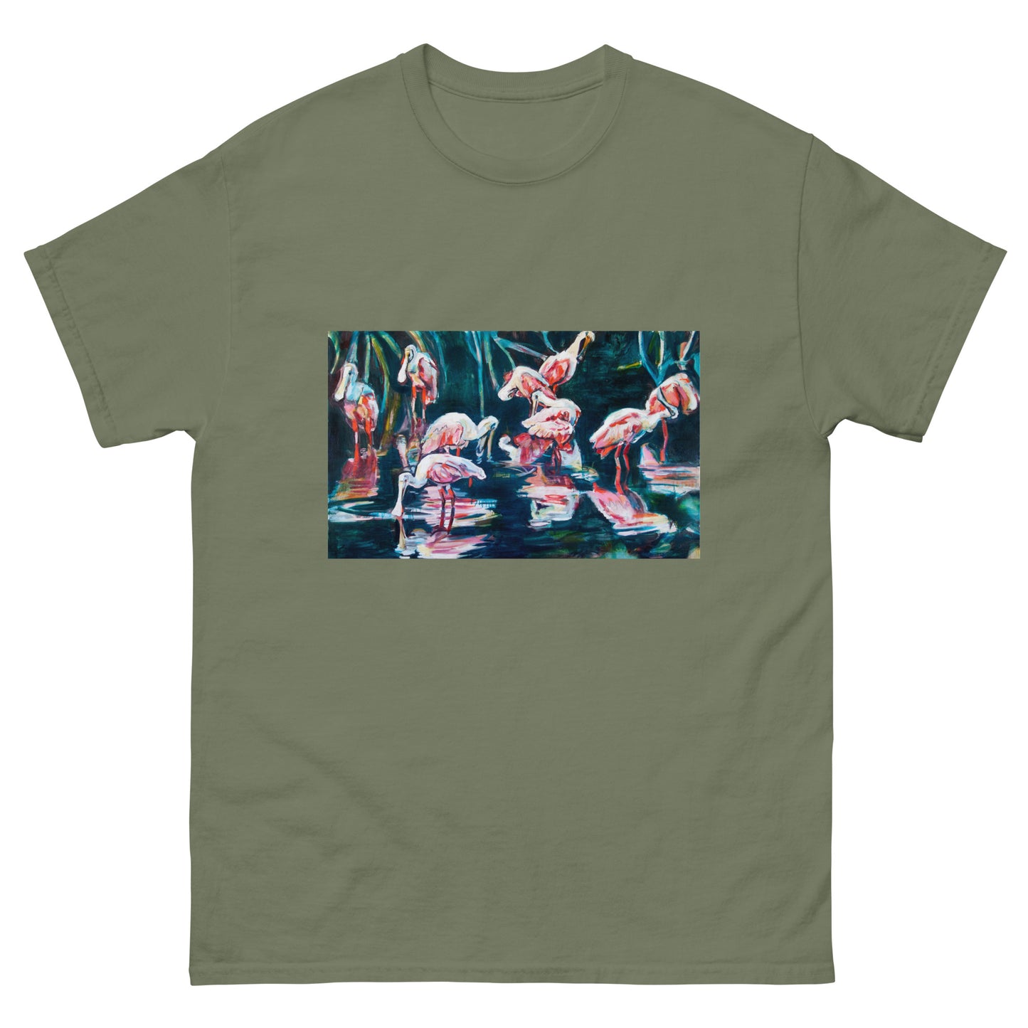 Roseate Spoonbills with their Reflection in the Swamp Unisex  classic tee