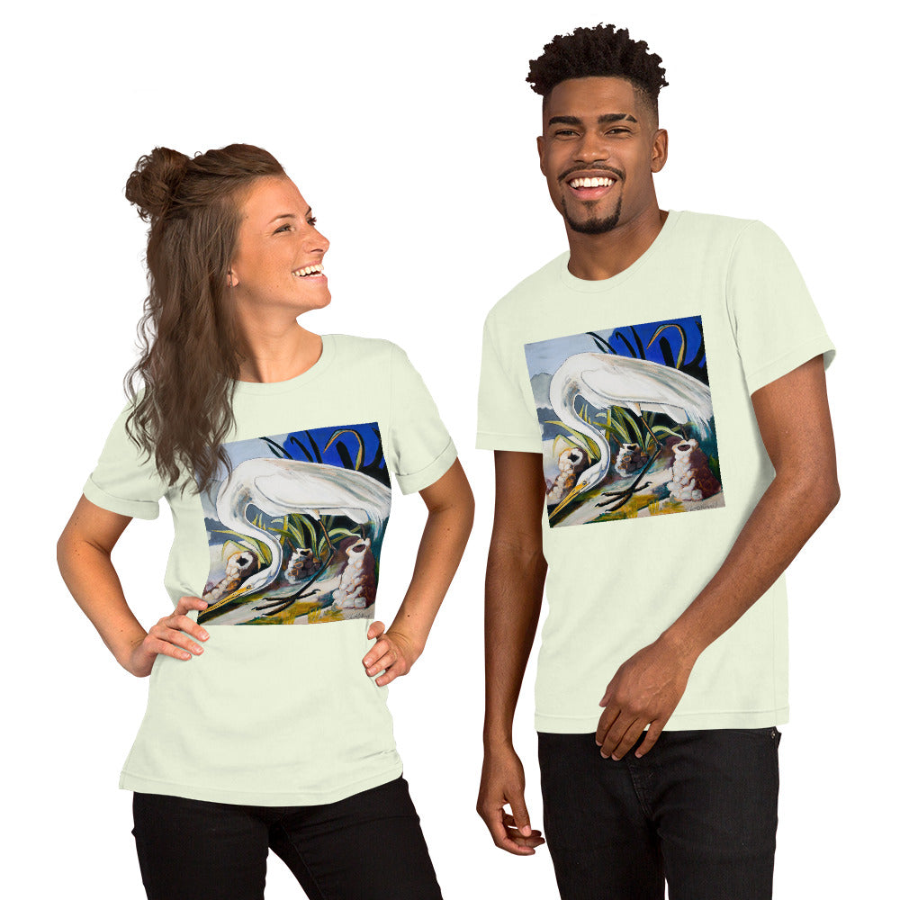 Great White Heron with Crawfish Piles Unisex t-shirt