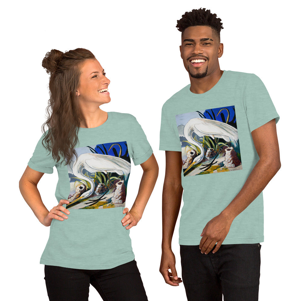 Great White Heron with Crawfish Piles Unisex t-shirt