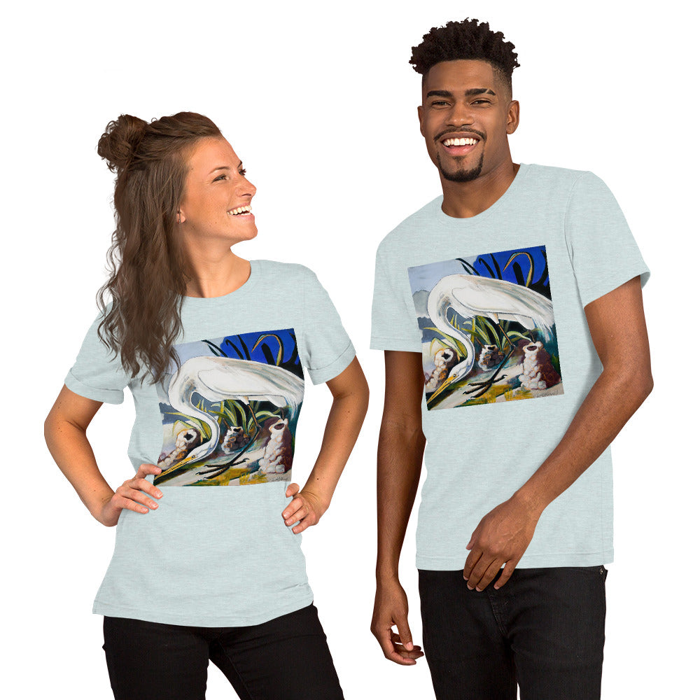 Great White Heron with Crawfish Piles Unisex t-shirt