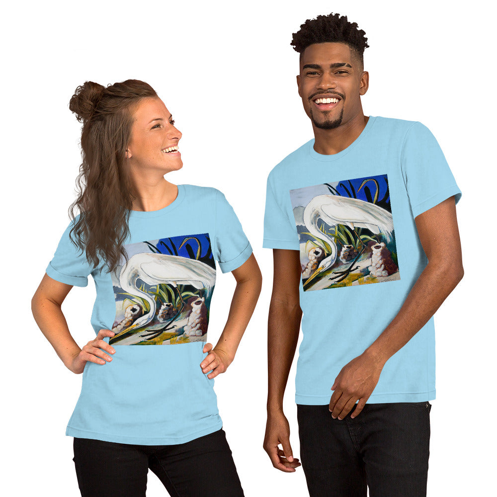 Great White Heron with Crawfish Piles Unisex t-shirt