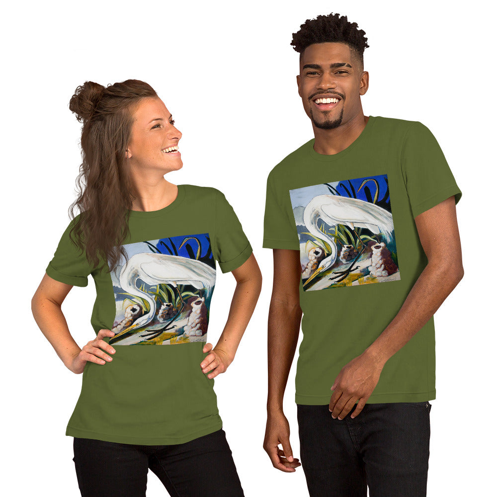 Great White Heron with Crawfish Piles Unisex t-shirt