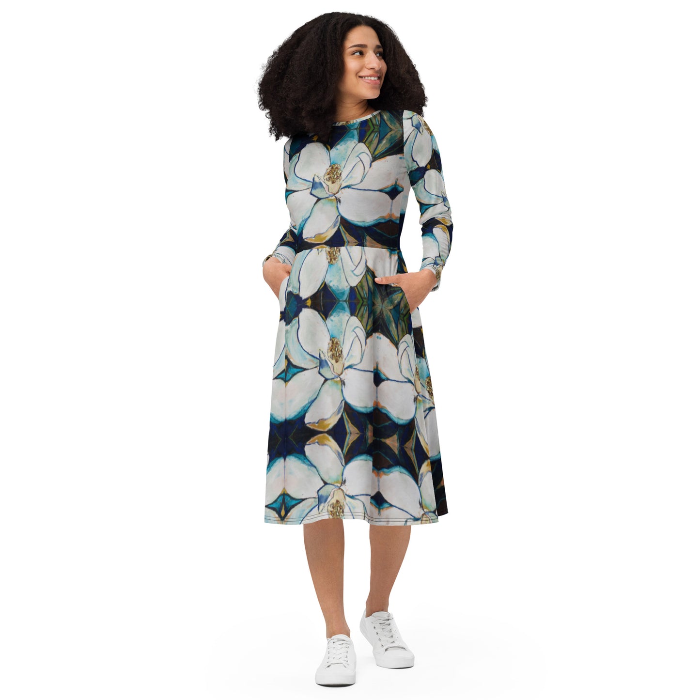 Indigo Magnolia All-over print long sleeve midi dress