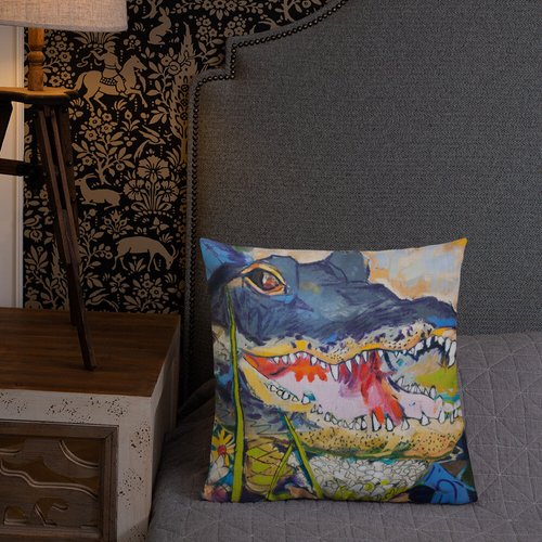Gator with Wildflowers Pattern Premium Pillow