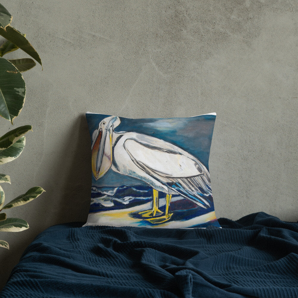 White Pelican on the Shore Premium Pillow