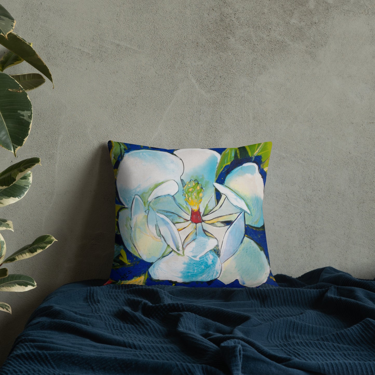 Magnolia with Golden Center and Blue Shadows Premium Pillow