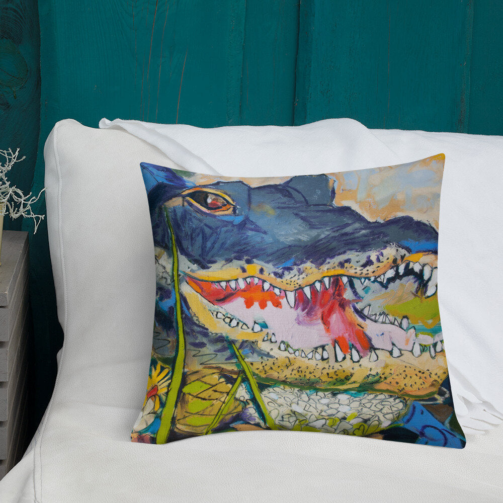 Cropped Gator with Wildflowers Premium Pillow