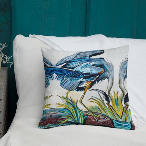 Blue Heron Catching Fish Pattern Premium Pillow