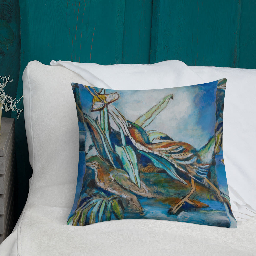 Green Herons Chasing Butterfly Premium Pillow
