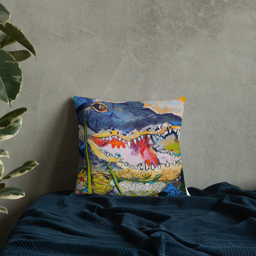 Cropped Gator with Wildflowers Premium Pillow