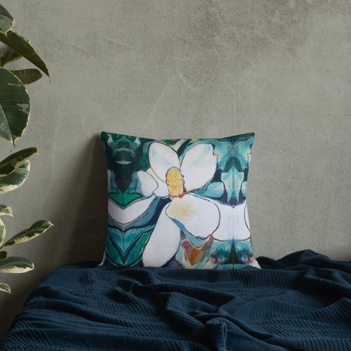Vertical Magnolia with Teal Grey Premium Pillow