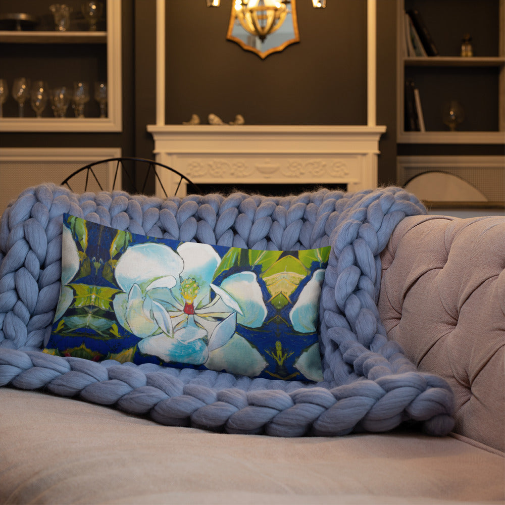 Magnolia with Golden Center and Blue Shadows Premium Pillow