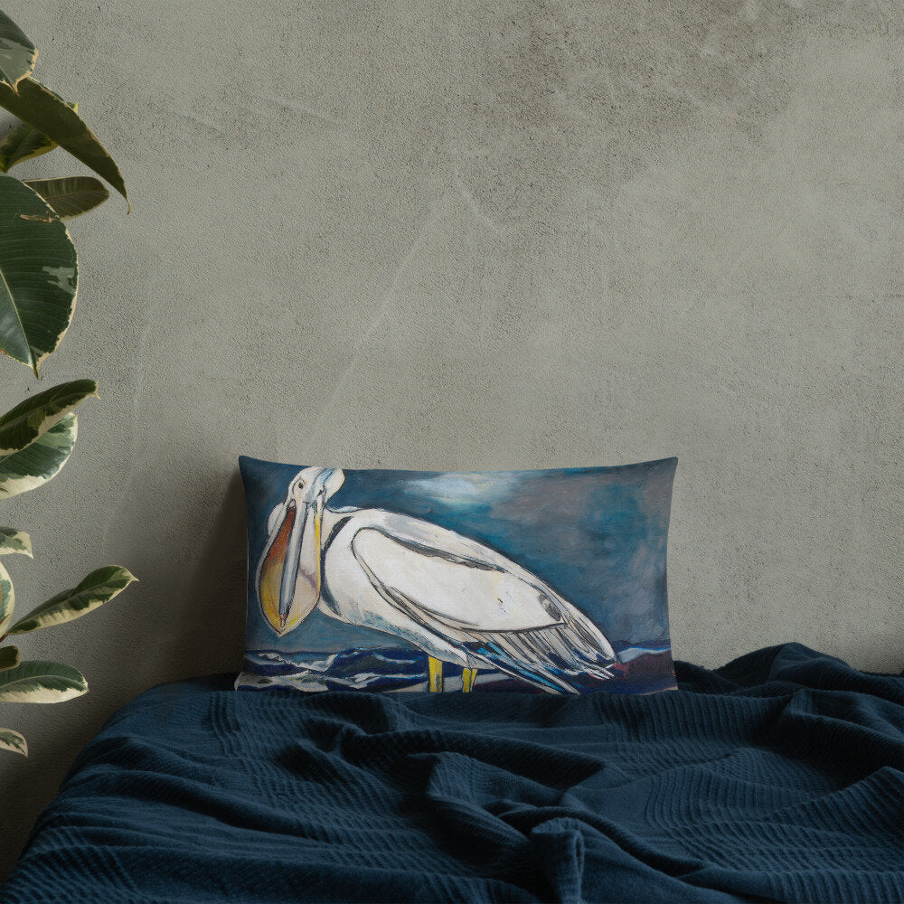White Pelican on the Shore Premium Pillow
