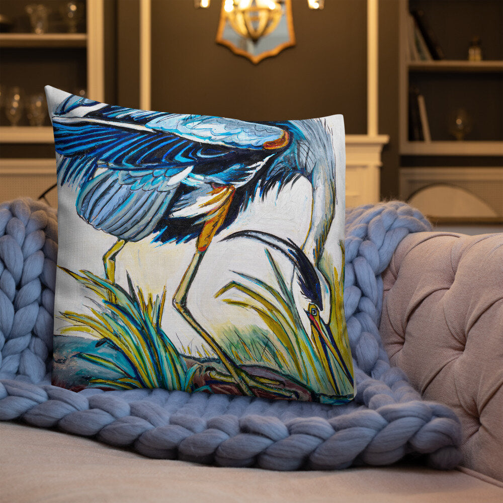 Blue Heron Catching Fish Premium Pillow
