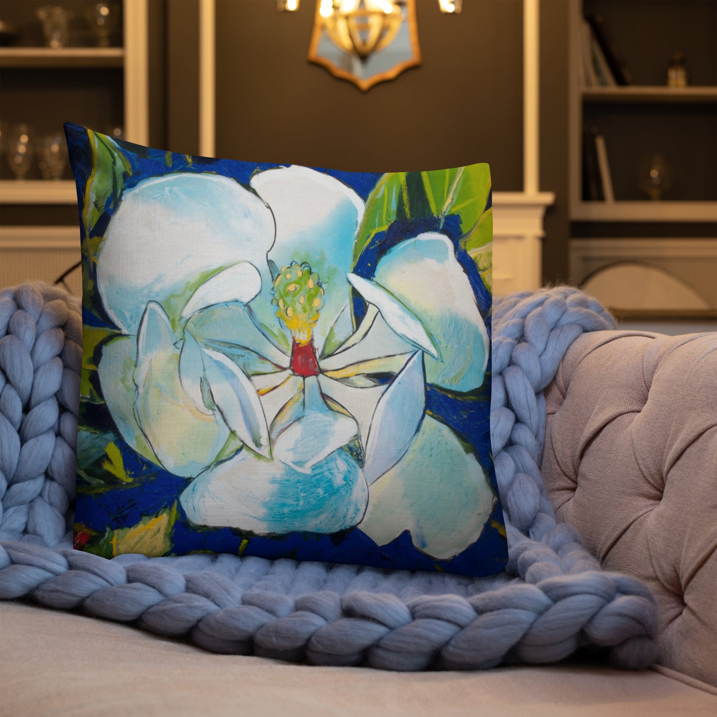 Magnolia with Golden Center and Blue Shadows Premium Pillow