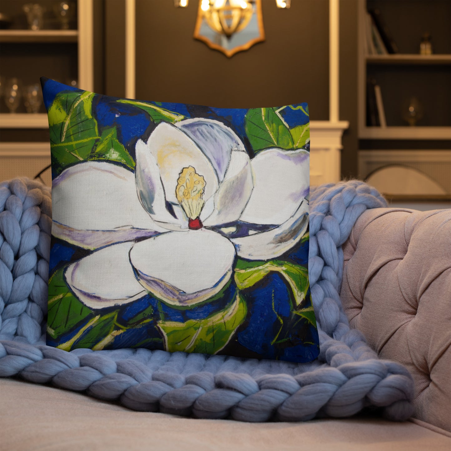 Magnolia with Cobalt Blue Shadows Premium Pillow