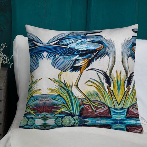 Blue Heron Catching Fish Pattern Premium Pillow