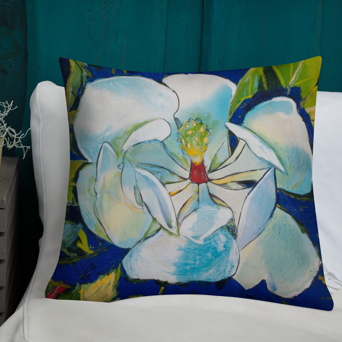 Magnolia with Golden Center and Blue Shadows Premium Pillow