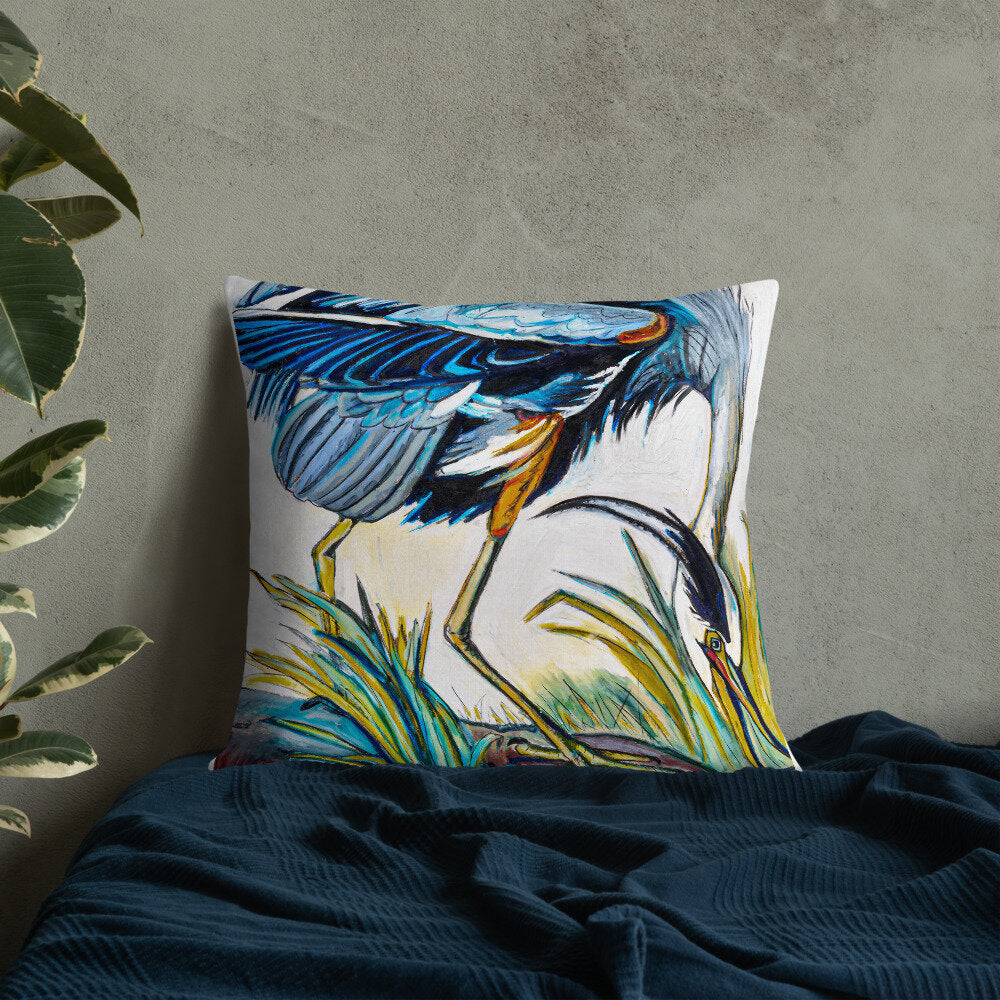 Blue Heron Catching Fish Premium Pillow