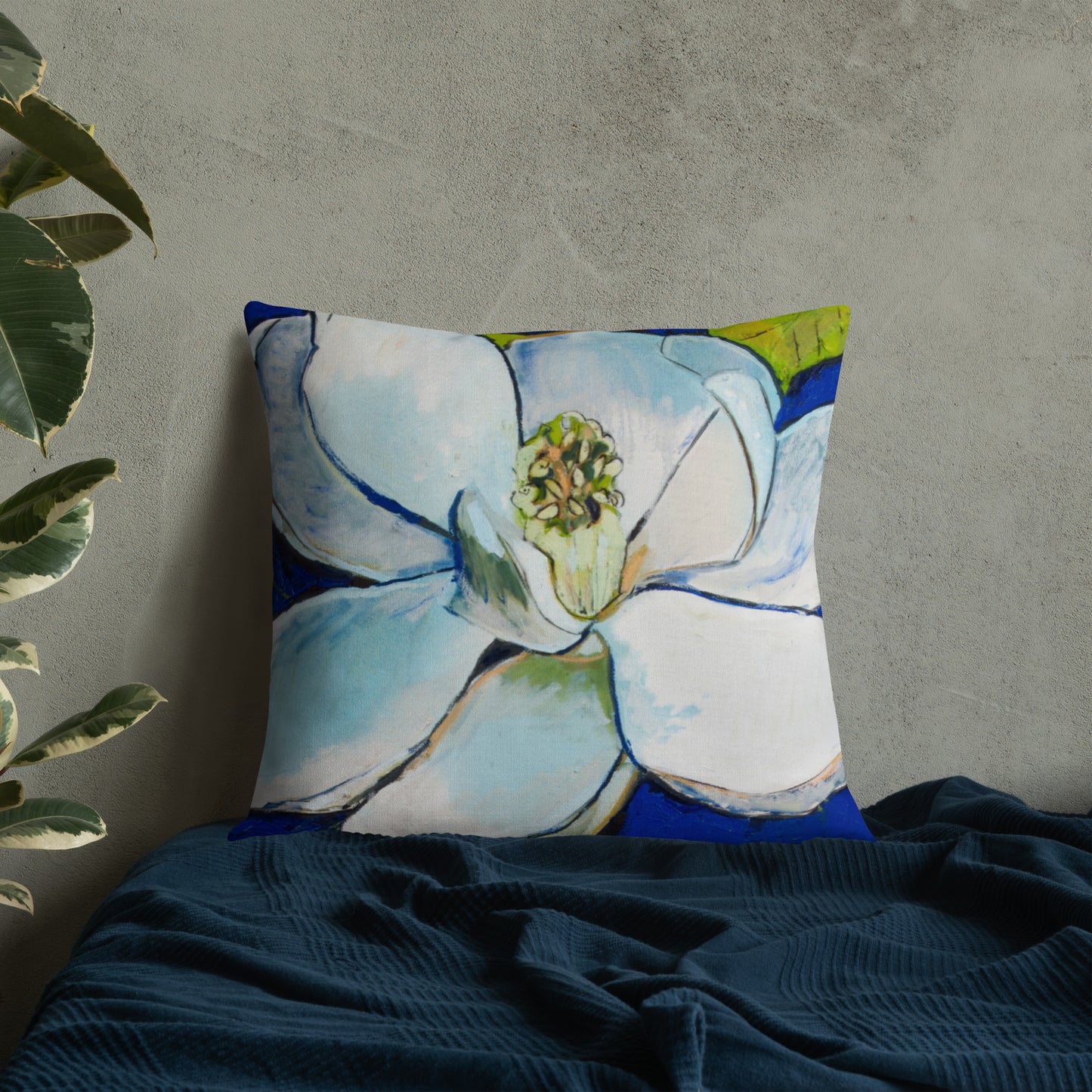 Indigo Magnolia with Cobalt Blue Premium Pillow