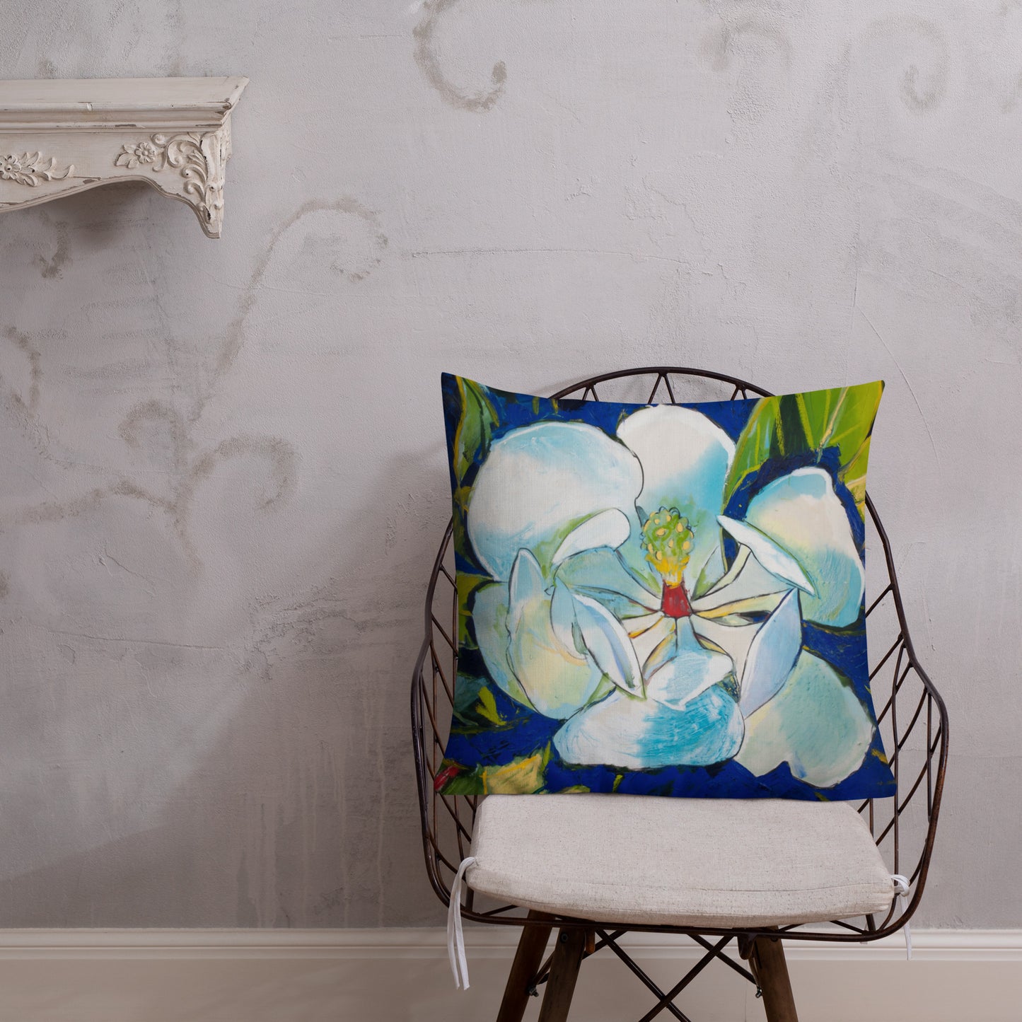 Magnolia with Golden Center and Blue Shadows Premium Pillow