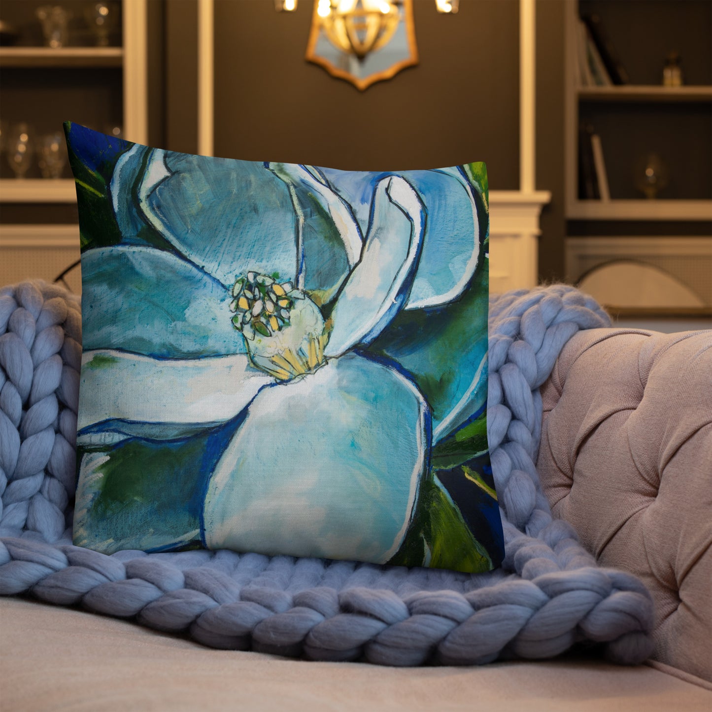 Open Heart Magnolia with Blue Shadows Premium Pillow