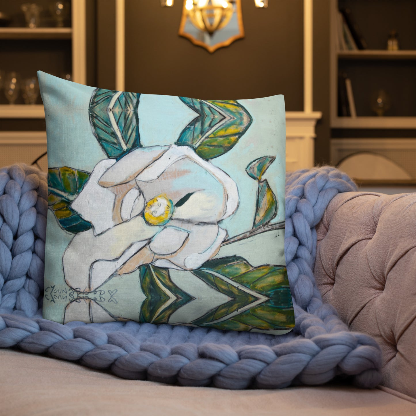 Magnolia with Soft Teal Premium Pillow