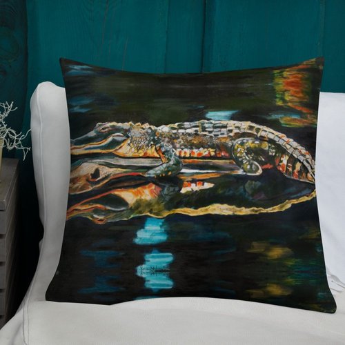 Gator on Log with Reflection Premium Pillow