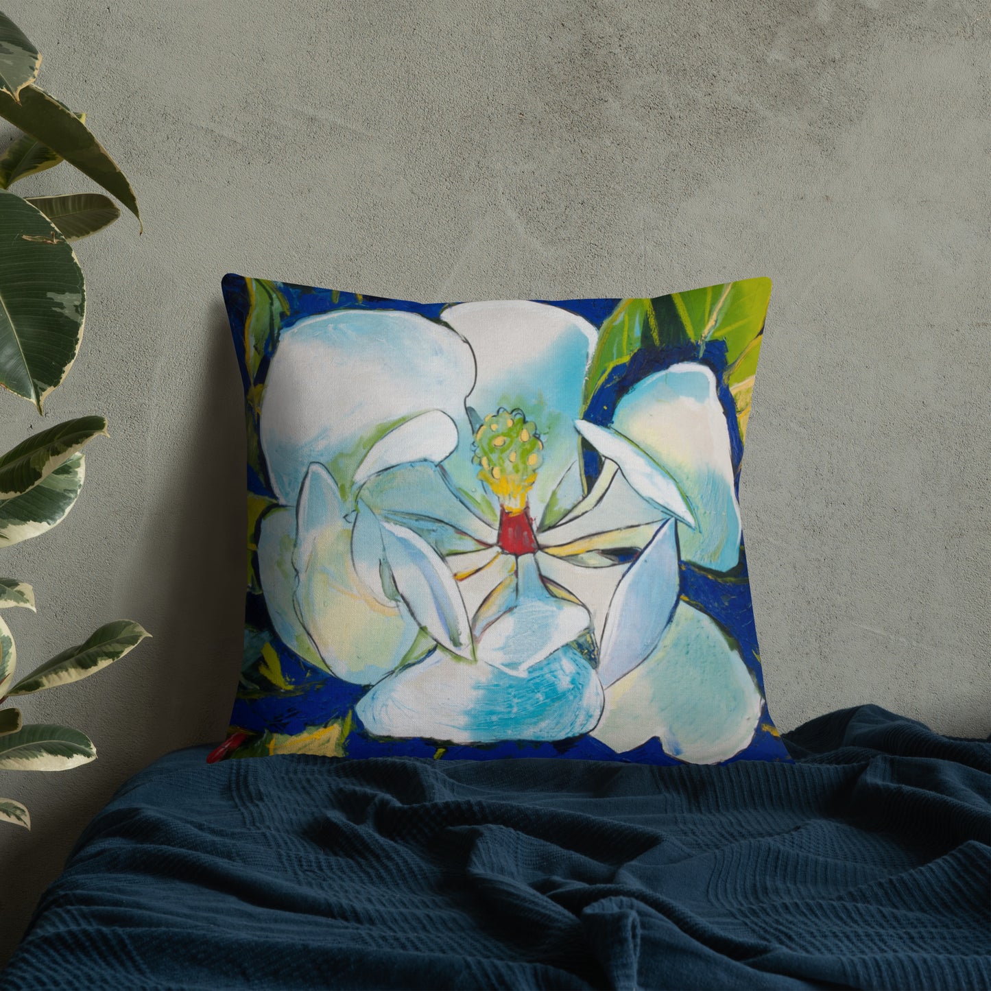 Magnolia with Golden Center and Blue Shadows Premium Pillow