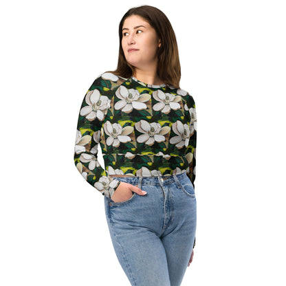 Magnolia on Wood Pattern Recycled long-sleeve crop top