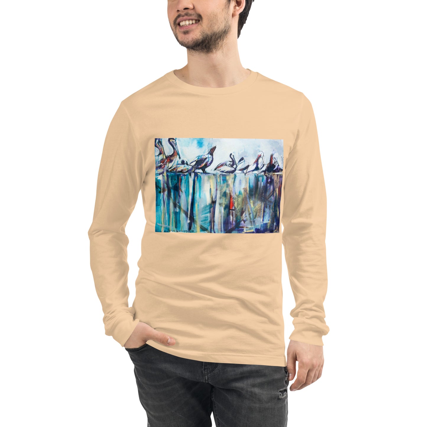 Bold Pelicans on the Pier Unisex Long Sleeve Tee