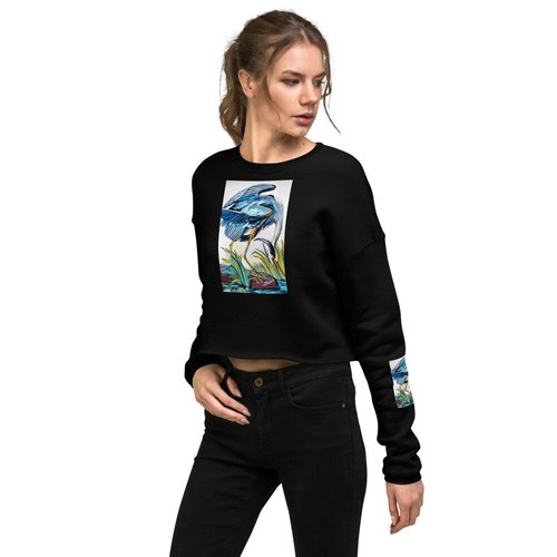 Blue Heron Catching Fish Crop Sweatshirt